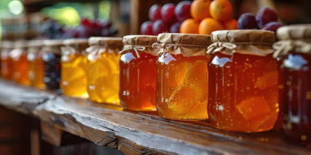 Assorted honey jars on a rustic shelf in a market, showing different colors and varieties of fresh, natural honey. High quality photoの素材