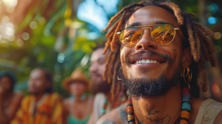 Cheerful man with dreadlocks and sunglasses enjoying an outdoor festival with friends, surrounded by vibrant, tropical setting.の素材