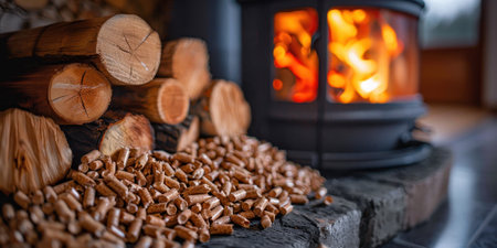 A pile of wood pellets in front of a cozy, lit fireplace, creating a warm and inviting atmosphere. High quality photoの素材