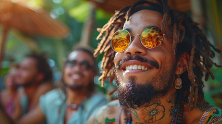 Cheerful man with dreadlocks and sunglasses enjoying an outdoor festival with friends, surrounded by vibrant, tropical setting.の素材