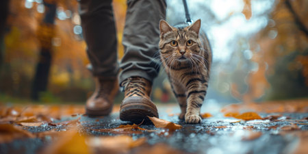 A man walks his cat on a leash outdoors. High quality photoの素材