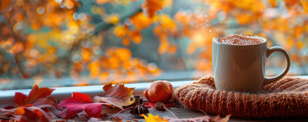 cup with fragrant coffee by the window on an autumn day. High quality photoの素材