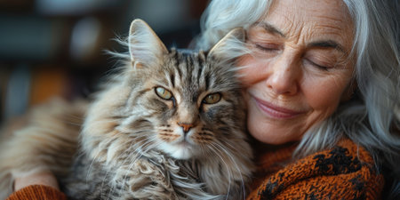 Elderly woman hugging fluffy cat close-up. High quality photoの素材