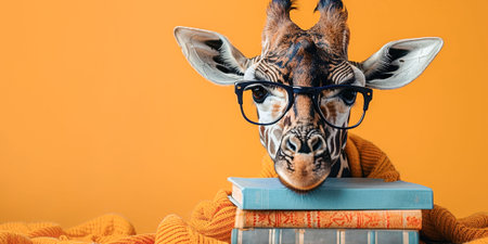 Giraffe with glasses reads a book on an orange background with space for text. . High quality photoの素材