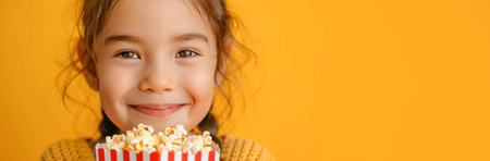 Cute little girl holding popcorn bucket close up with copyspace on orange background. High quality photoの素材