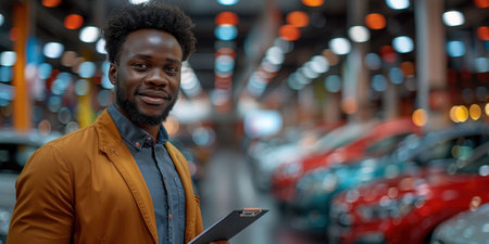 Car salesman in front of a store with copyspace cars. High quality photoの素材