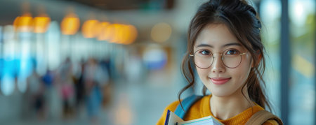 Asian girl student with glasses on the background of the university, view from inside. Banner, copyspace. High quality photoの素材