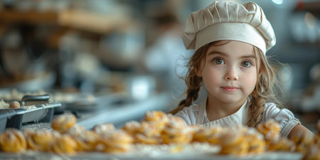 Cute girl chef in a chef's hat preparing cookies. High quality photoの素材