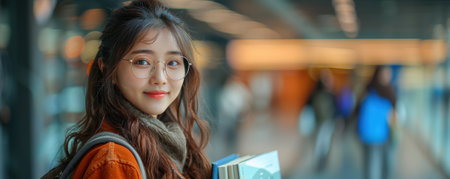 Asian girl student with glasses on the background of the university, view from inside. Banner, copyspace. High quality photoの素材