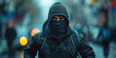 Male thief in mask and hood close-up. High quality photoの素材