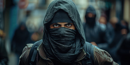 Male thief in mask and hood close-up. High quality photoの素材