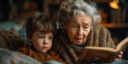 Grandmother and grandson read a book with children's fairy tales. High quality photoの素材