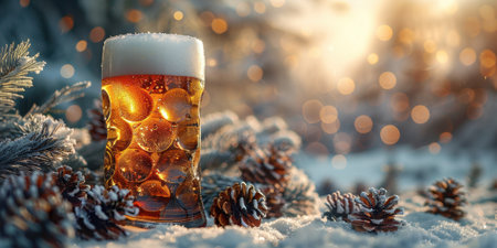 Glass of beer on Christmas winter background with copyspace. High quality photoの素材