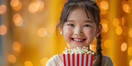 Asian little girl holding bucket of popcorn close up with copyspace. High quality photoの素材