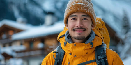 Man in warm jacket and hat against ski resort background with copyspace. High quality photoの素材