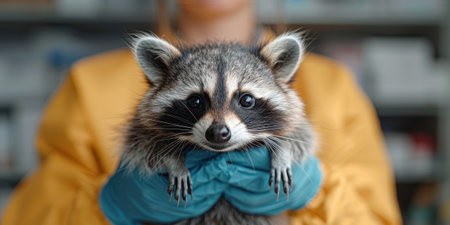 A veterinarian holds a raccoon in his hands in the hospital. High quality photoの素材