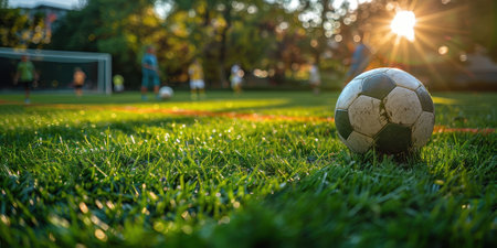 Children playing football on the lawn in the yard. High quality photoの素材