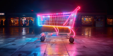 Supermarket trolley in neon style. High quality photoの素材