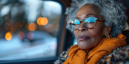 Close-up of an elderly black woman driving a car. High quality photoの素材