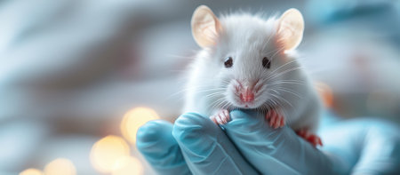 Laboratory white mouse in the hands of a lab technician in a medical laboratory. High quality photoの素材