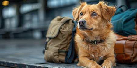 The dog sits near the bags and luggage at the airport close-up. Traveling with a dog. High quality photoの素材