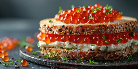 sandwich with red caviar on dark background close-up. High quality photoの素材