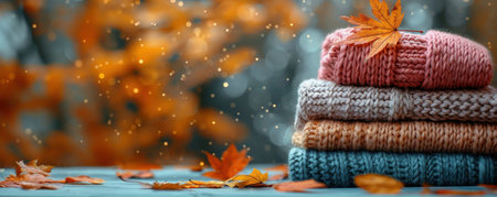 A pile of knitted warm clothes on an autumn background with copy space. High quality photoの素材