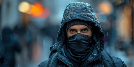 Male thief in mask and hood close-up. High quality photoの素材