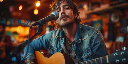 Young man singing song into microphone in bar close up, live music. High quality photoの素材