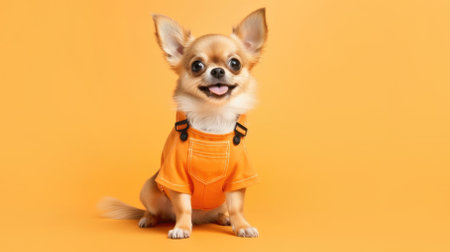 Charming dog in an orange jumpsuit on a light orange backgroundの素材