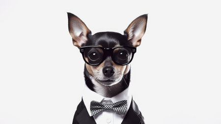 Chihuahua dog in sunglasses and in a black suit on a white background with copyspace. High quality photoの素材