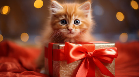Cute kitten sitting in a gift box with a bow close-up. High quality photoの素材