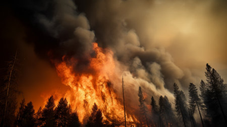 Heavily burning trees in the forest. Forest fires, a danger to natureの素材