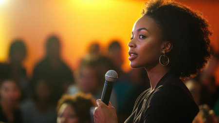 Confident Woman Speaking into a Microphone at a Public Event. High quality photoの素材