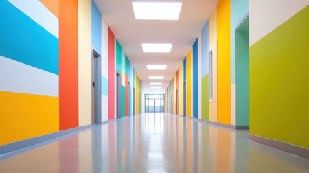 Vibrant School Hallway with Colorful Walls and Bright Lighting. High quality photoの素材