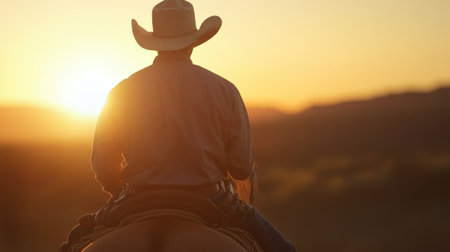 Cowboy Riding a Horse Through a Dusty Landscape at Sunset. High quality photoの素材