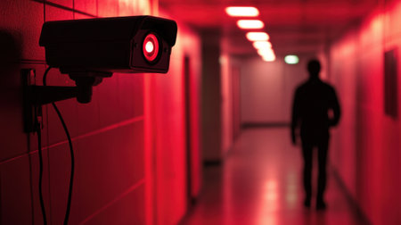 Surveillance Camera in a Dimly Lit Red Hallway with a Mysterious Figure. High quality photoの素材