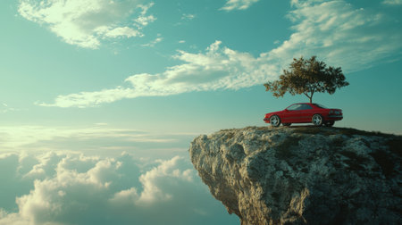 Red Classic Sports Car Parked at the Edge of a Cliff Overlooking Mountains. High quality photoの素材