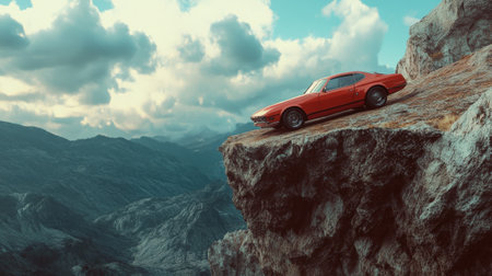 Red Classic Sports Car Parked at the Edge of a Cliff Overlooking Mountains. High quality photoの素材