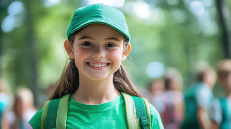 Smiling Girl in a Green Cap and Backpack Enjoying an Outdoor Summer Camp. High quality photoの素材