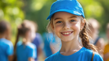 Happy Girl Wearing a Blue Cap and Uniform at a Summer Camp Outdoors. High quality photoの素材