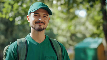 Smiling Man Wearing a Green Cap and Backpack at a Summer Camp Event. High quality photoの素材