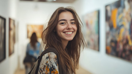 Smiling Young Woman Enjoying an Art Gallery Visit. High quality photoの素材