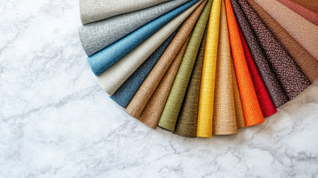 Assorted Colorful Textile Swatches Arranged in a Fan Shape on Wooden Surface. High quality photoの素材