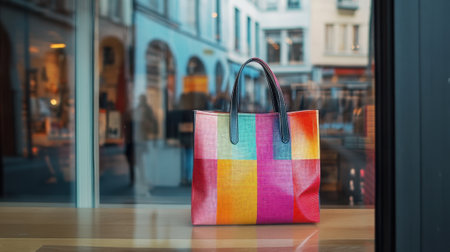 Colorful Artistic Tote Bag Displayed in a Fashionable Storefront. High quality photoの素材