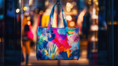 Colorful Artistic Tote Bag Displayed in a Fashionable Storefront. High quality photoの素材