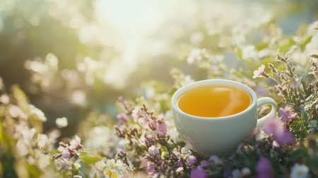 Cup of Coffee on a Wooden Table with Blooming Flowers in Soft Morning Light. High quality photoの素材