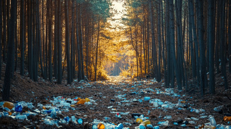 Polluted Forest Path Covered in Litter with Sunlight Filtering Through Trees. High quality photoの素材