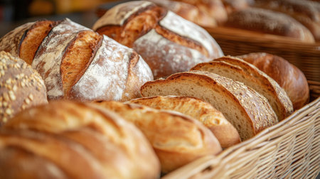 Freshly Baked Artisan Bread Displayed in Rustic Baskets at a Bakery. High quality photoの素材