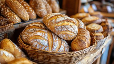 Freshly Baked Artisan Bread Displayed in Rustic Baskets at a Bakery. High quality photoの素材